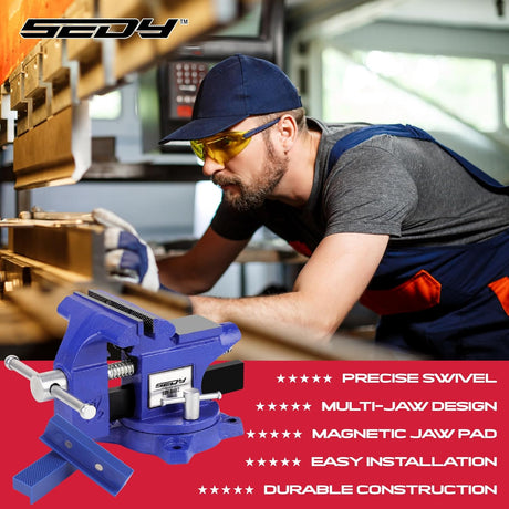Heavy duty 4.5 inch bench vise with swivel base, magnetic jaw covers, and cast iron body for woodworking and metalworking