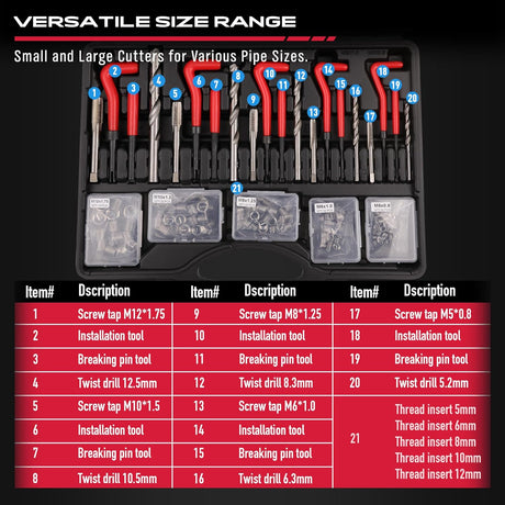 Thread repair kit with 320 pieces including taps, drills, thread inserts, installation tools, and T-handles, compatible with SAE and metric threads.