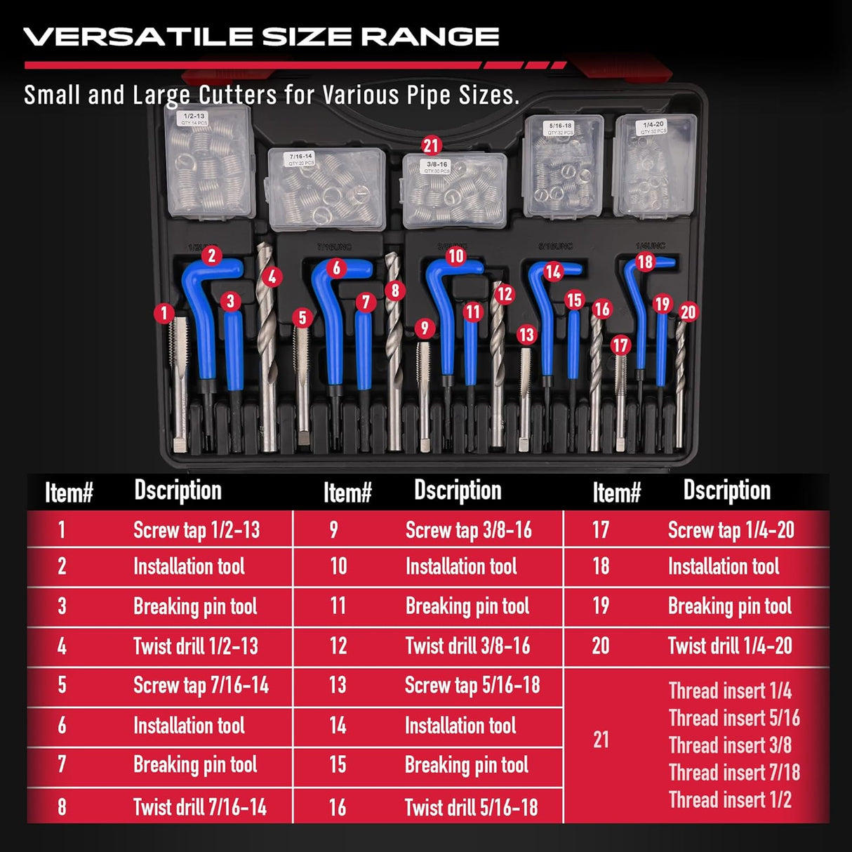 Thread repair kit with 320 pieces including taps, drills, thread inserts, installation tools, and T-handles, compatible with SAE and metric threads.
