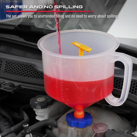 SEDY no-spill coolant funnel kit with adapters, extensions, and antifreeze tester for radiator filling and bleeding