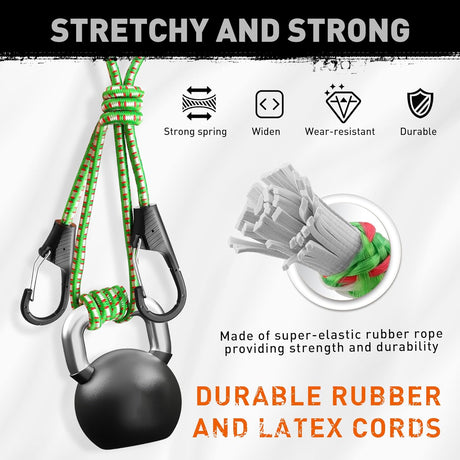 HORUSDY 48-inch heavy-duty green bungee cords with spring lock hooks, 9mm thick, for securing cargo, luggage, rooftop storage, and outdoor use