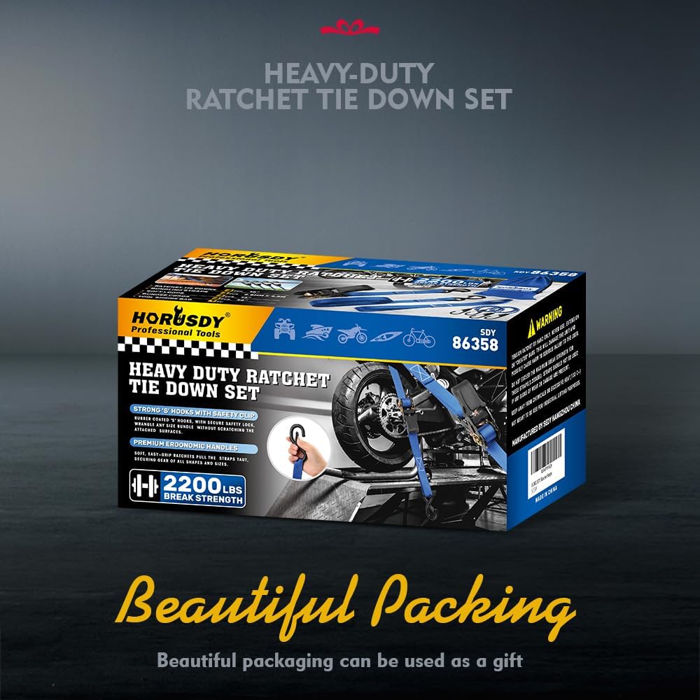 HORUSDY 2200LBS heavy-duty ratchet tie down straps kit with bungee cords, soft loops, and coated S-hooks for motorcycles, ATVs, trailers, and cargo security
