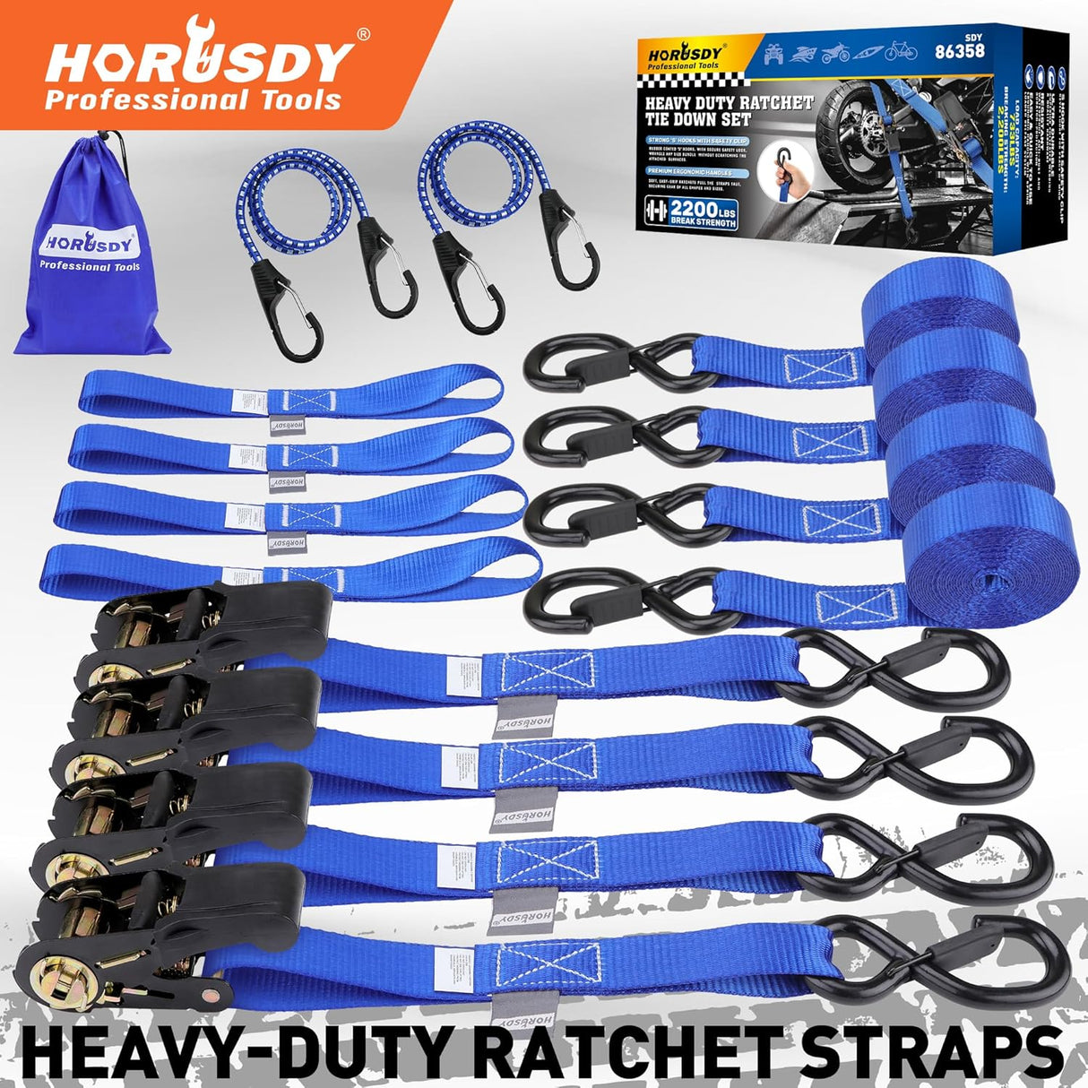 HORUSDY 2200LBS heavy-duty ratchet tie down straps kit with bungee cords, soft loops, and coated S-hooks for motorcycles, ATVs, trailers, and cargo security