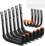 HORUSDY 10-pack heavy-duty garage storage hooks with orange rubber tips and mounting hardware, supports up to 66lbs for ladders, bikes, tools, and garden gear.