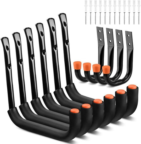 HORUSDY 10-pack heavy-duty garage storage hooks with orange rubber tips and mounting hardware, supports up to 66lbs for ladders, bikes, tools, and garden gear.