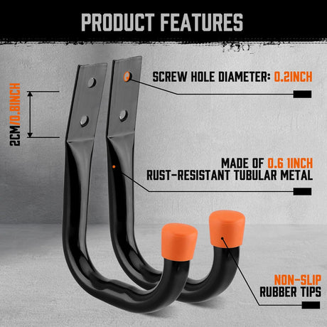 HORUSDY 10-pack heavy-duty garage storage hooks with orange rubber tips and mounting hardware, supports up to 66lbs for ladders, bikes, tools, and garden gear.