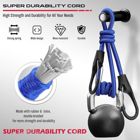 129-piece bungee cord set with assorted elastic tie downs, carabiner hooks, tarp clips, ball bungees, zip ties, and storage bag for camping or transport