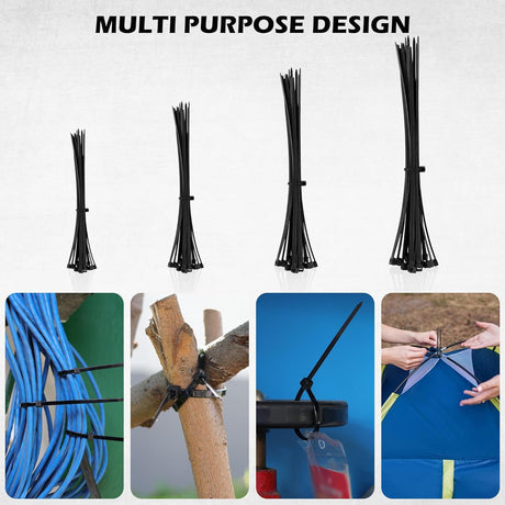 129-piece bungee cord set with assorted elastic tie downs, carabiner hooks, tarp clips, ball bungees, zip ties, and storage bag for camping or transport