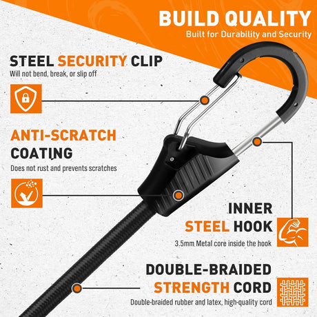 5-pack 14-inch heavy duty black bungee cords with carabiner clips, double-braided elastic straps for secure outdoor cargo use