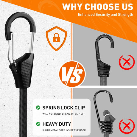 Heavy duty 18-inch bungee cords with spring lock hooks for cargo, bike racks, and outdoor gear securing