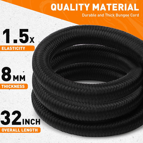 32-inch heavy duty bungee cords with locking steel hooks for securing outdoor gear, cargo, and bikes