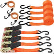 Heavy-duty ratchet tie down strap set with ergonomic handles, coated S-hooks, and bungee cords for secure cargo transport