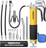 SEDY Heavy Duty Pistol Grip Grease Gun Kit, 8000 PSI, Includes 18" Spring Flex Hose, Multiple Connectors, and Accessories for Easy Lubrication