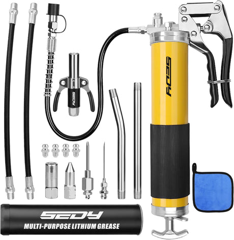 SEDY Heavy Duty Pistol Grip Grease Gun Kit, 8000 PSI, Includes 18" Spring Flex Hose, Multiple Connectors, and Accessories for Easy Lubrication