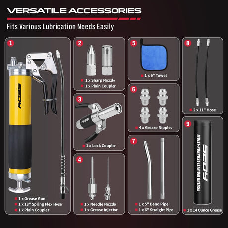 SEDY Heavy Duty Pistol Grip Grease Gun Kit, 8000 PSI, Includes 18" Spring Flex Hose, Multiple Connectors, and Accessories for Easy Lubrication