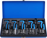 SAE thread repair kit with 131 pieces including screw taps, drill bits, coil inserts, installation tools, and T-handles, ideal for restoring damaged threads in steel and aluminum.