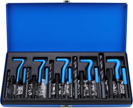 SAE thread repair kit with 131 pieces including screw taps, drill bits, coil inserts, installation tools, and T-handles, ideal for restoring damaged threads in steel and aluminum.