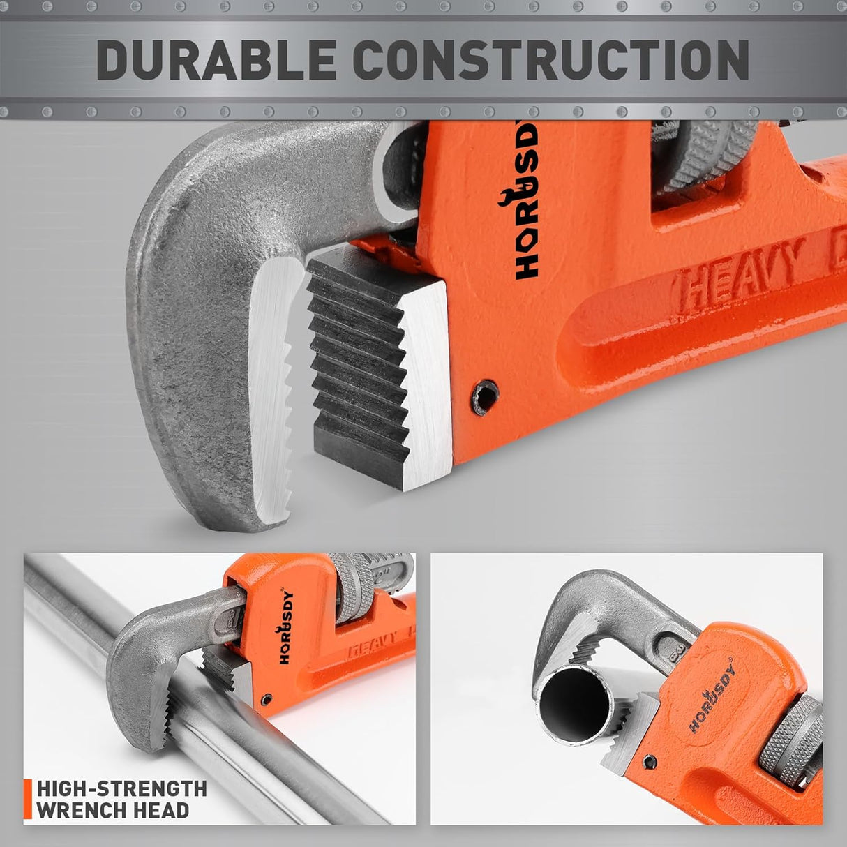 HORUSDY 10-inch heavy duty adjustable pipe wrench with 1.5-inch jaw capacity, cast iron body, and non-slip handle for plumbing and mechanical use