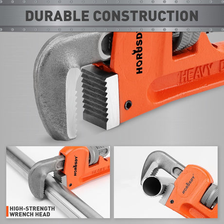 HORUSDY 10-inch heavy duty adjustable pipe wrench with 1.5-inch jaw capacity, cast iron body, and non-slip handle for plumbing and mechanical use