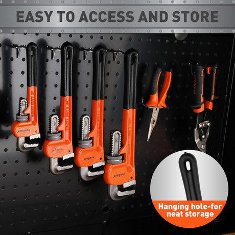 HORUSDY 14-inch heavy duty pipe wrench with adjustable 1.5-inch jaw, cast iron body, and PVC-coated non-slip handle for plumbing and mechanical repairs