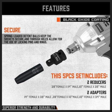 HORUSDY impact socket adapter and reducer set with black oxide finish, premium Cr-V steel, and secure detent design