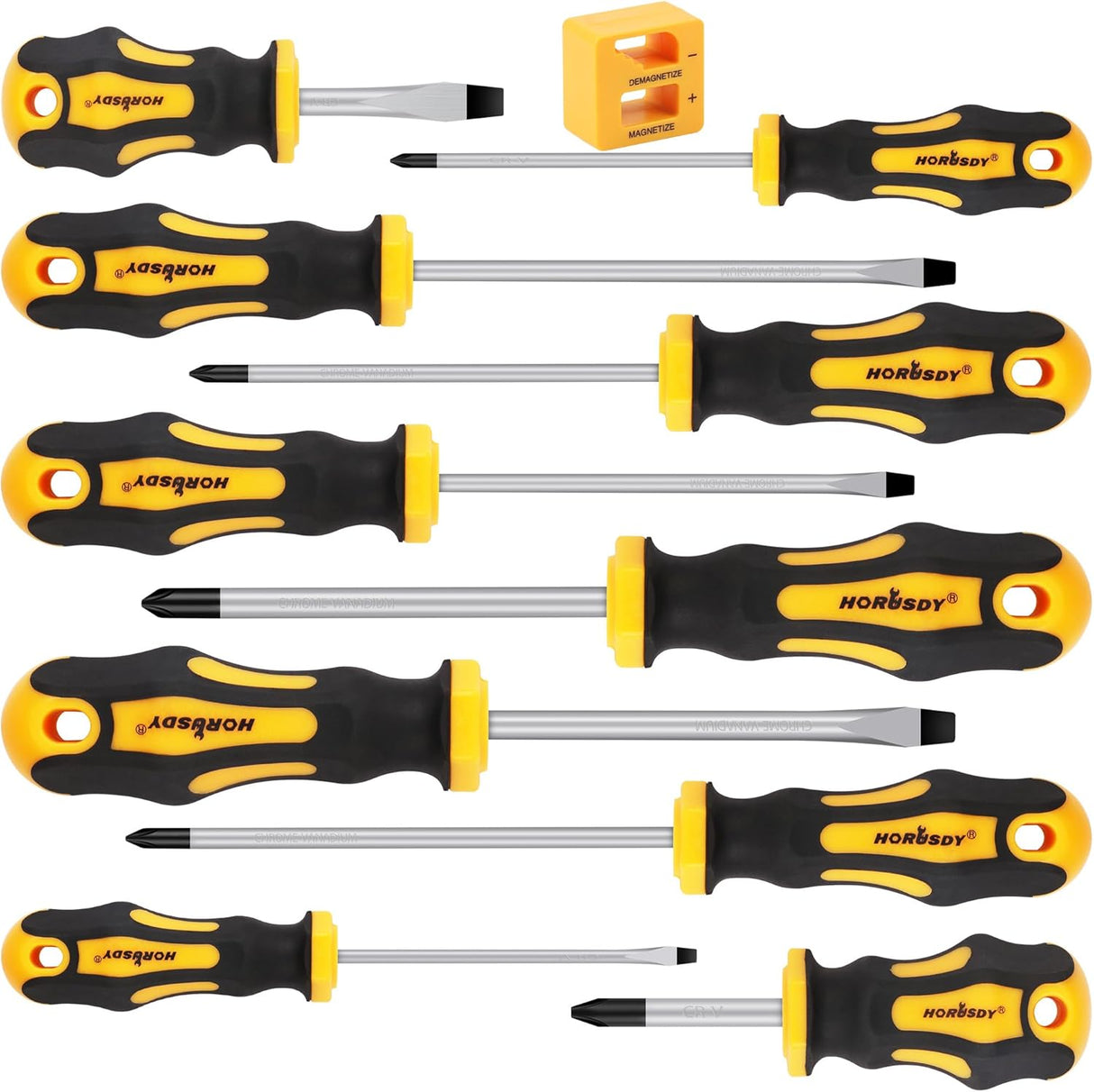 HORUSDY 11-piece screwdriver set with magnetic tips, CR-V steel blades, ergonomic handles, and magnetizer/demagnetizer tool