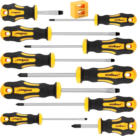 HORUSDY 11-piece screwdriver set with magnetic tips, CR-V steel blades, ergonomic handles, and magnetizer/demagnetizer tool