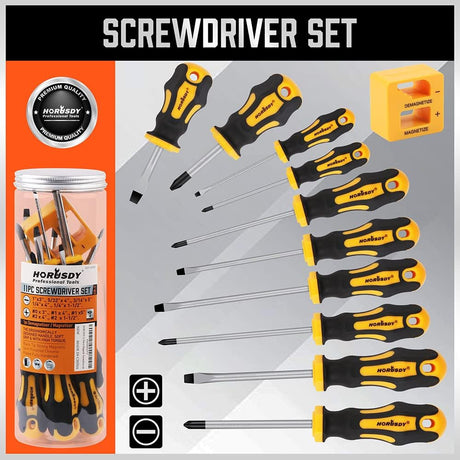 HORUSDY 11-piece screwdriver set with magnetic tips, CR-V steel blades, ergonomic handles, and magnetizer/demagnetizer tool
