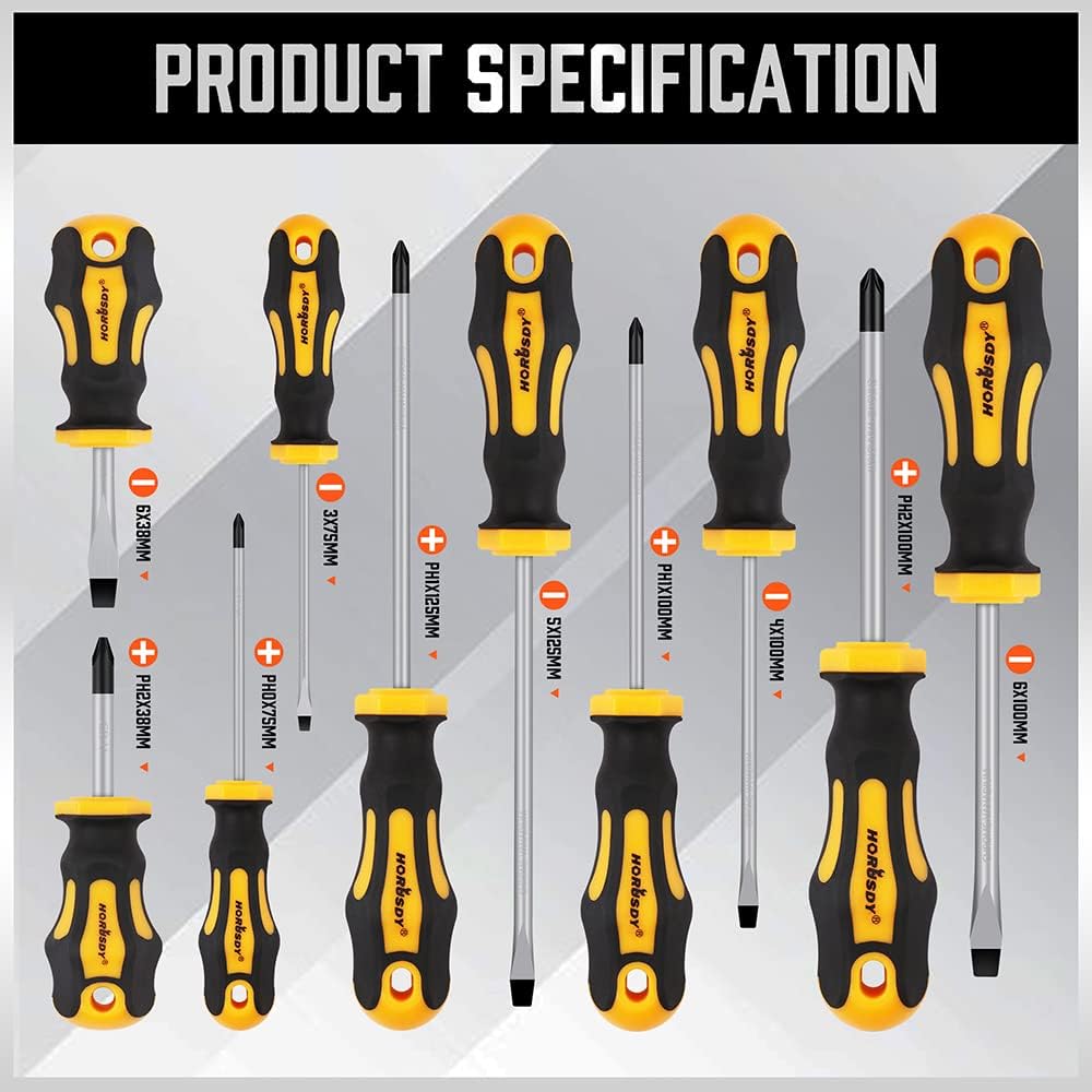 HORUSDY 11-piece screwdriver set with magnetic tips, CR-V steel blades, ergonomic handles, and magnetizer/demagnetizer tool