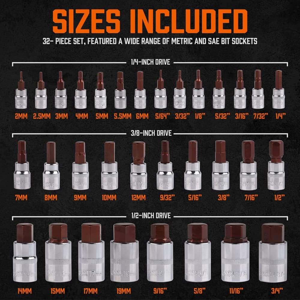 HORUSDY 32-piece hex bit socket set with SAE and metric sizes, S2 steel bits, multiple drive options, and a portable storage case