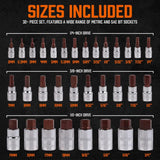 HORUSDY 32-piece hex bit socket set with SAE and metric sizes, S2 steel bits, multiple drive options, and a portable storage case