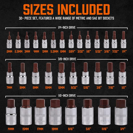 HORUSDY 32-piece hex bit socket set with SAE and metric sizes, S2 steel bits, multiple drive options, and a portable storage case