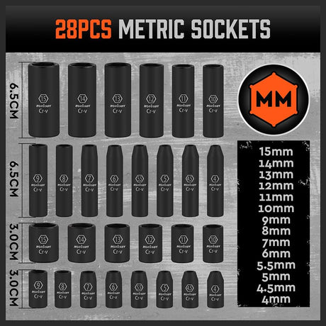 HORUSDY 56-piece 1/4 inch drive impact socket set with SAE and metric sizes, CR-V steel sockets, ratchet handle, extension bars, and portable orange case.