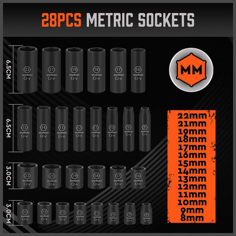 HORUSDY 50-piece 3/8 inch drive master impact socket set with SAE and metric sockets, ratchet handle, and accessories in orange storage case
