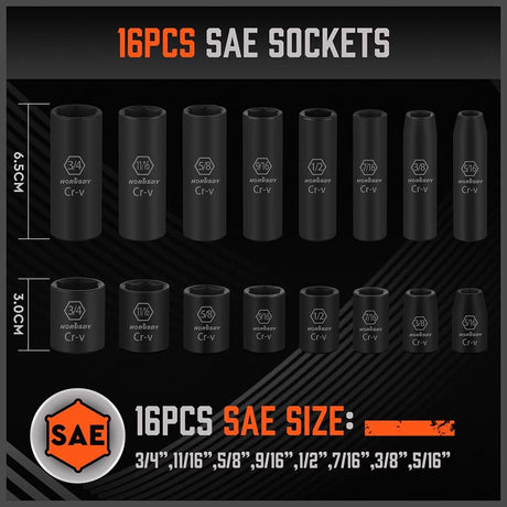 HORUSDY 50-piece 3/8 inch drive master impact socket set with SAE and metric sockets, ratchet handle, and accessories in orange storage case