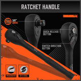 HORUSDY 50-piece 3/8 inch drive master impact socket set with SAE and metric sockets, ratchet handle, and accessories in orange storage case