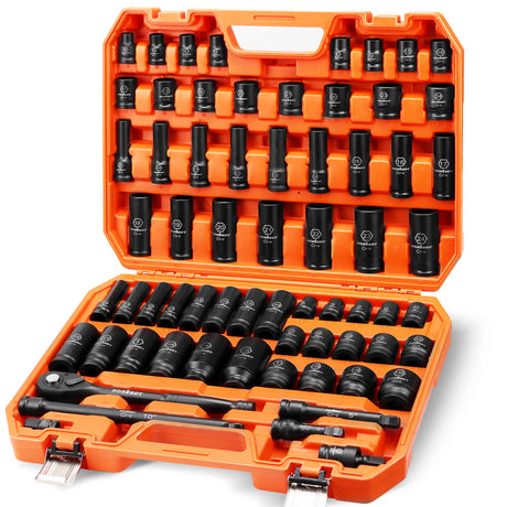 HORUSDY 67-piece 1/2 inch drive impact socket set with SAE and metric sockets, deep and shallow, ratchet, accessories, and heavy-duty orange case
