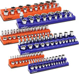 Magnetic socket tray organizer set with orange and blue labeled holders for SAE and metric sockets, 6-piece magnetic storage solution