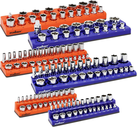 Magnetic socket tray organizer set with orange and blue labeled holders for SAE and metric sockets, 6-piece magnetic storage solution