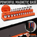 Magnetic socket tray organizer set with orange and blue labeled holders for SAE and metric sockets, 6-piece magnetic storage solution