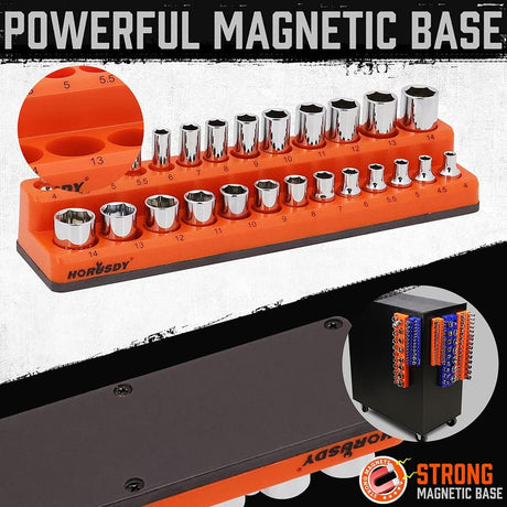 Magnetic socket tray organizer set with orange and blue labeled holders for SAE and metric sockets, 6-piece magnetic storage solution