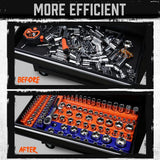 Magnetic socket tray organizer set with orange and blue labeled holders for SAE and metric sockets, 6-piece magnetic storage solution