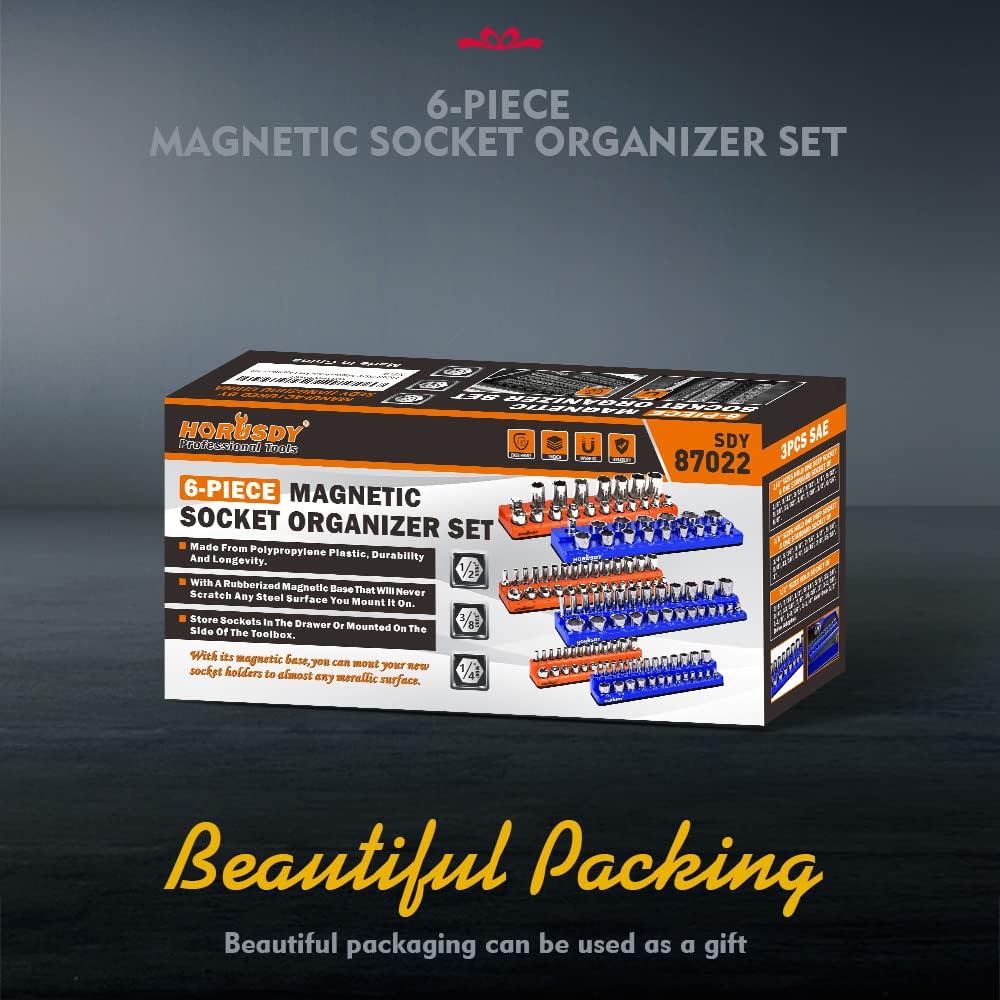 Magnetic socket tray organizer set with orange and blue labeled holders for SAE and metric sockets, 6-piece magnetic storage solution