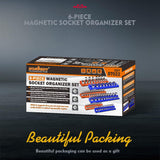 Magnetic socket tray organizer set with orange and blue labeled holders for SAE and metric sockets, 6-piece magnetic storage solution