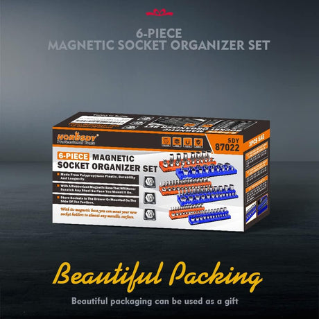 Magnetic socket tray organizer set with orange and blue labeled holders for SAE and metric sockets, 6-piece magnetic storage solution