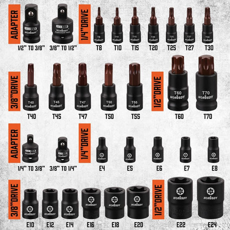 31-piece Torx and external star socket bit set with ratchet-ready sockets and orange storage case