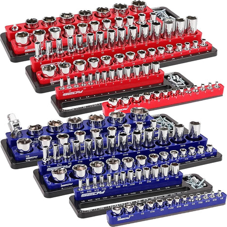 Magnetic socket organizer tray set with 143 slots for SAE and Metric sockets in 1/4", 3/8", and 1/2" drives, includes red and blue heavy-duty trays