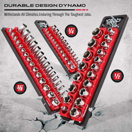 Magnetic socket organizer tray set with 143 slots for SAE and Metric sockets in 1/4", 3/8", and 1/2" drives, includes red and blue heavy-duty trays