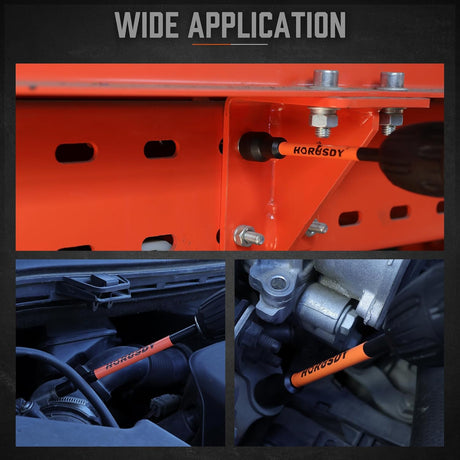 18-piece HORUSDY long magnetic nut driver set with SAE and metric sizes, 6-inch CR-V shafts, black and orange design, stored in durable case