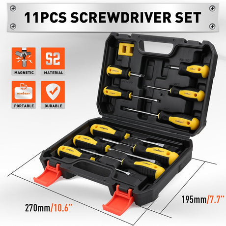 HORUSDY 11-piece magnetic screwdriver set with S2 steel blades, non-slip ergonomic handles, and durable carry case for versatile home and professional use